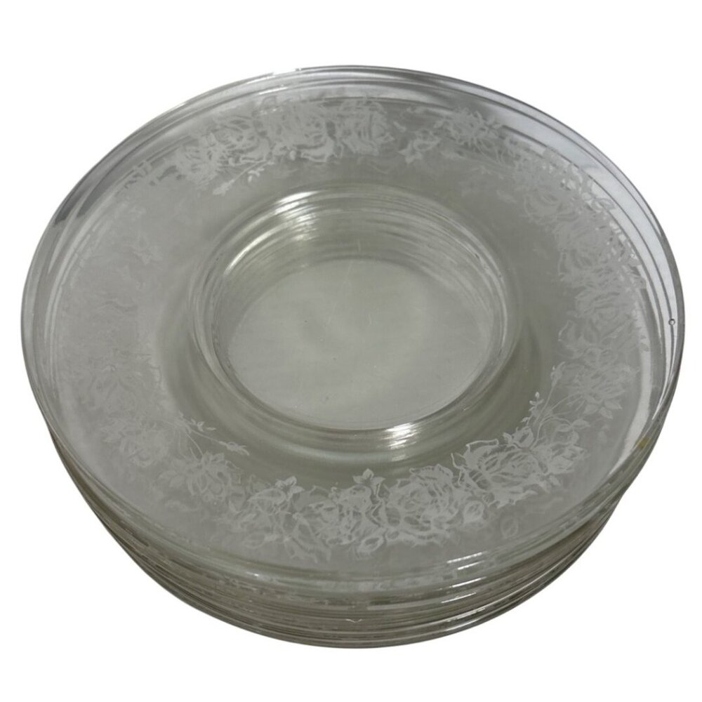8 Vtg Clear Glass Plates 6" With Floral Rose Etched Design Bread Dessert Saucer